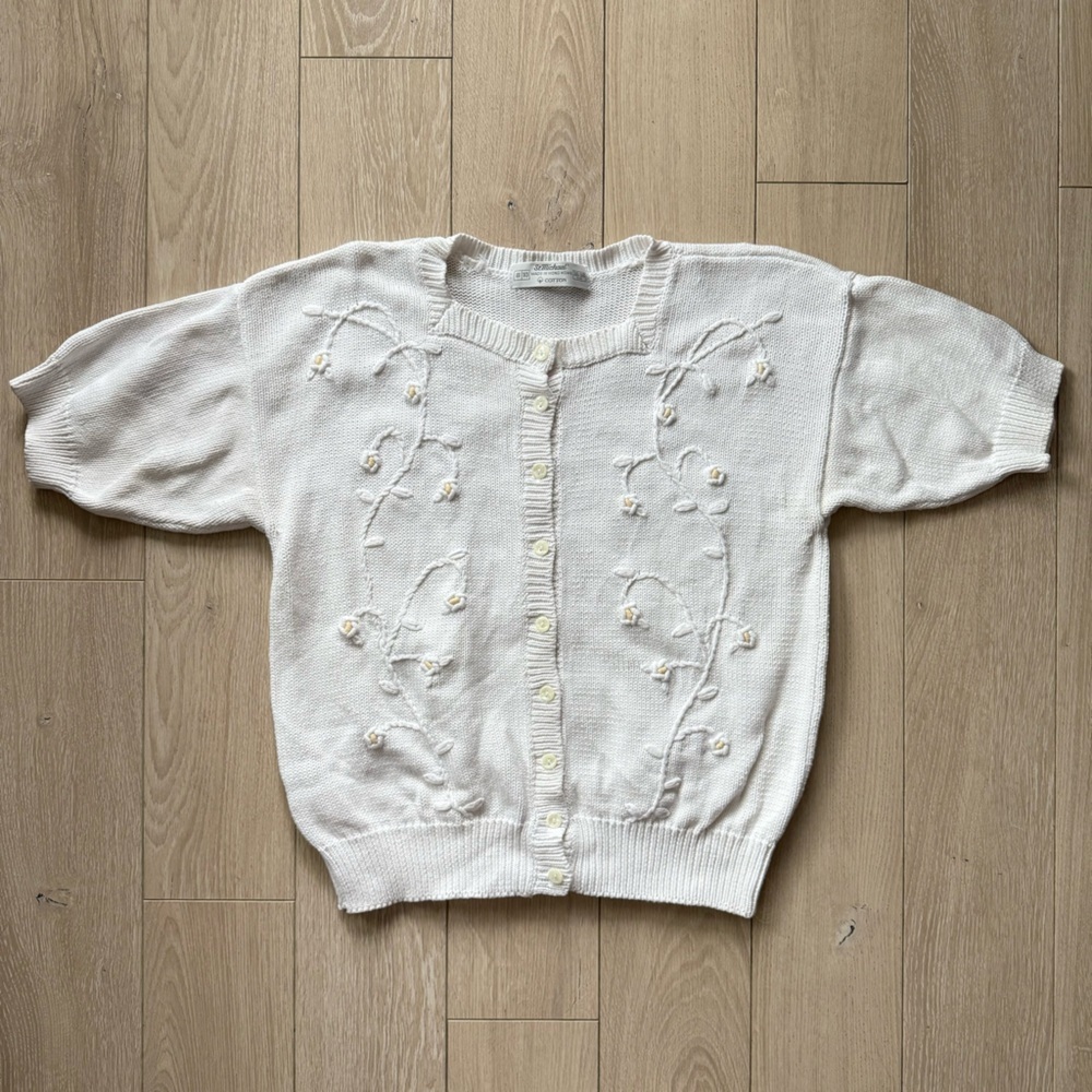 Vintage St Michael White Floral Embroidered Short Sleeve Cardigan Size 8/10